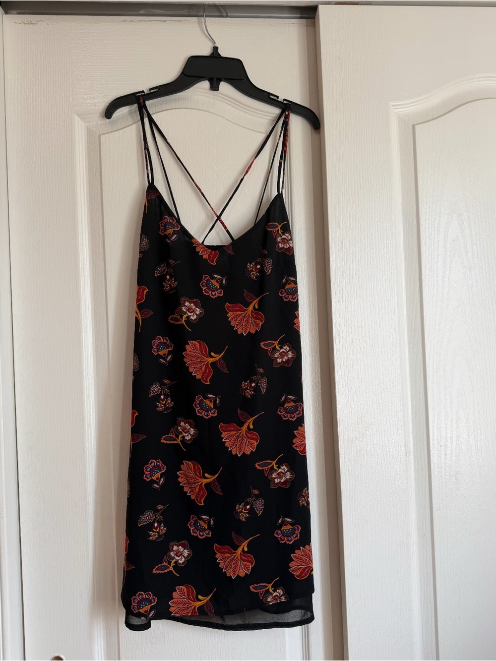 Streetwear Society Black Slip Dress with Red and Orange Floral Print